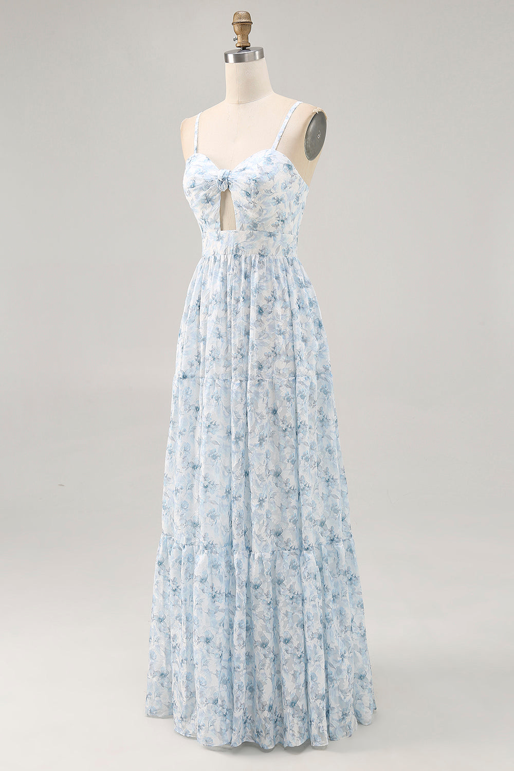 Floral Blue Chiffon Keyhole Ruched Long Wedding Guest Dress