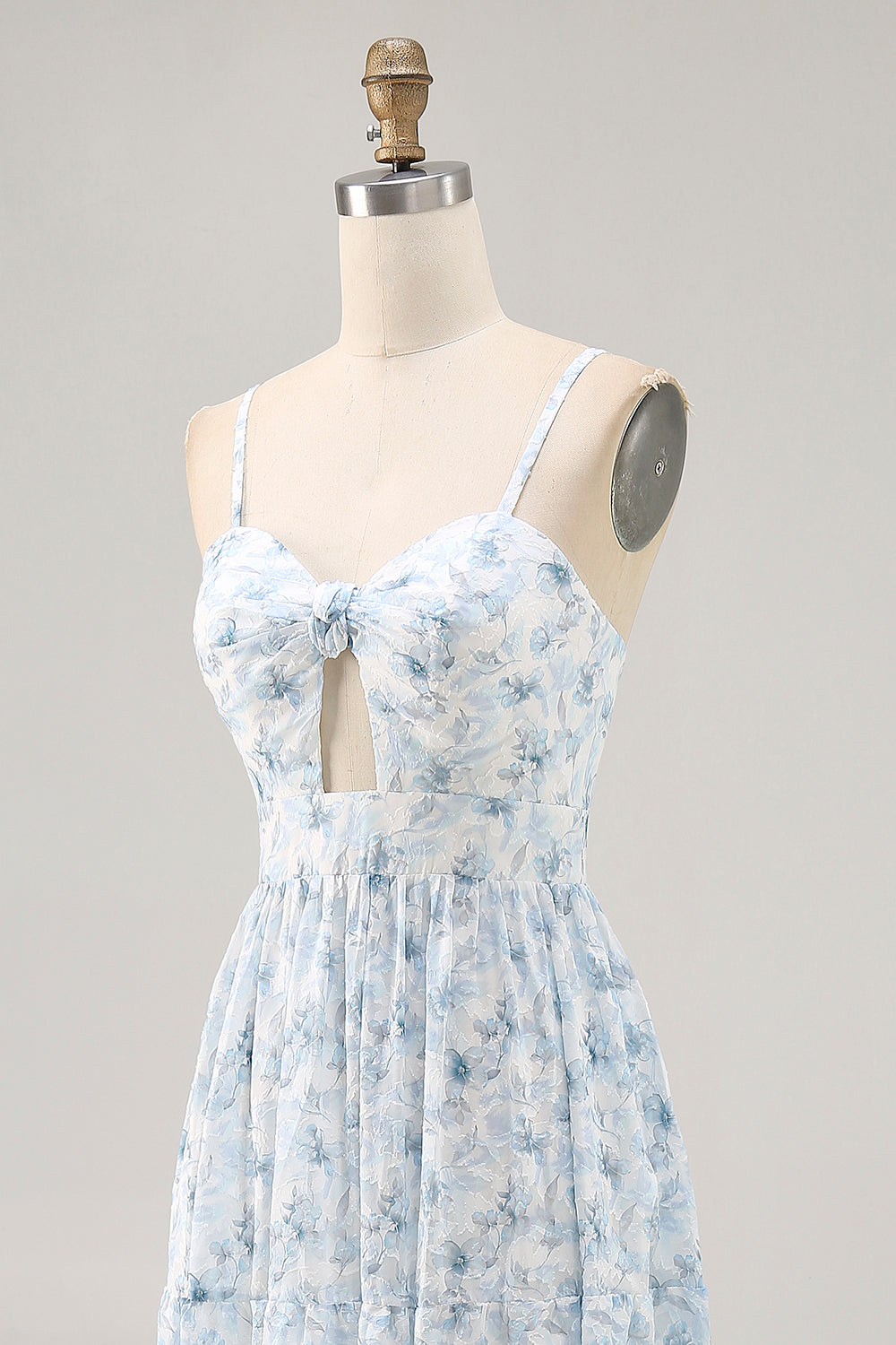 Floral Blue Chiffon Keyhole Ruched Long Wedding Guest Dress