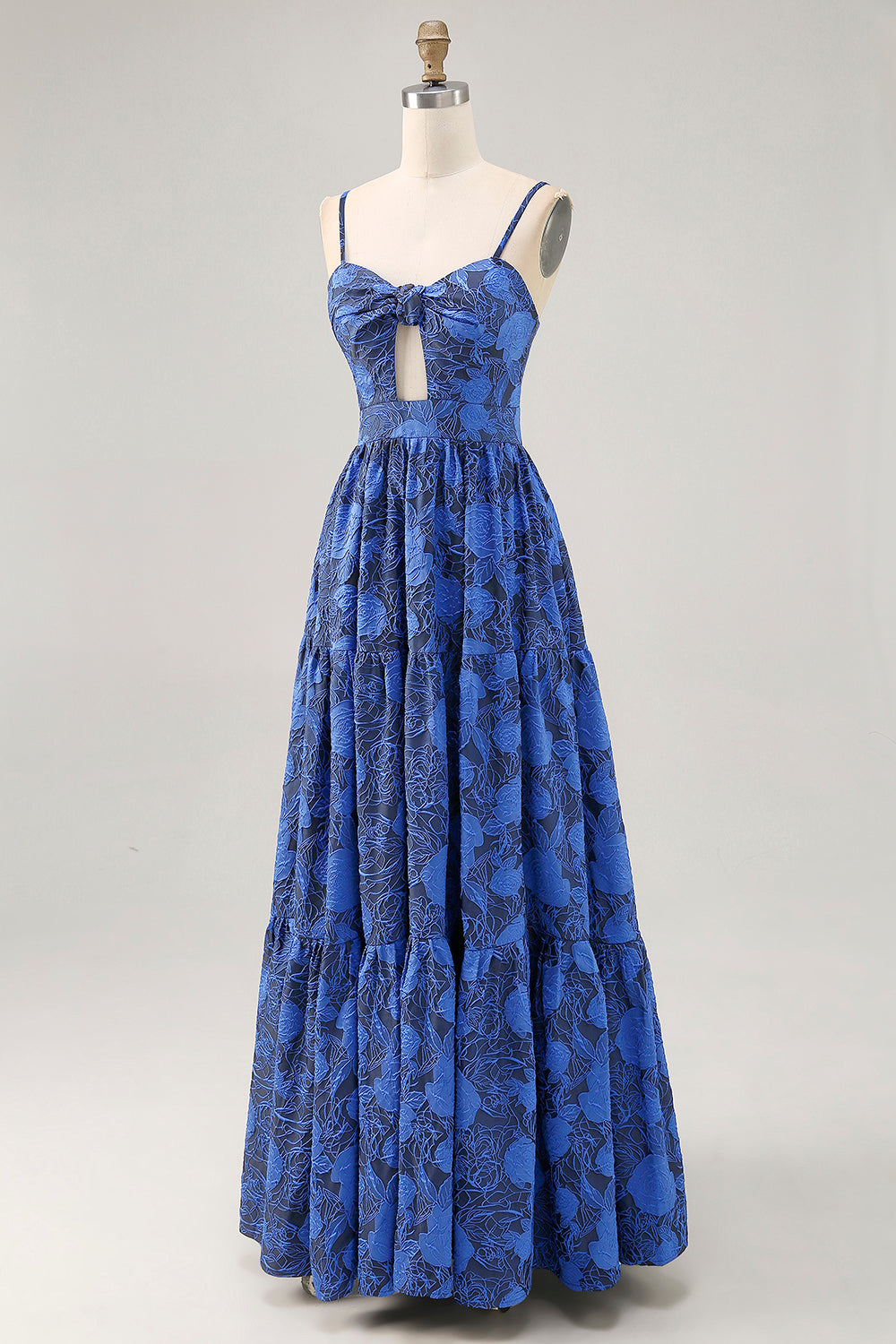 Floral Blue A Line Jacquard Keyhole Long Wedding Guest Dress
