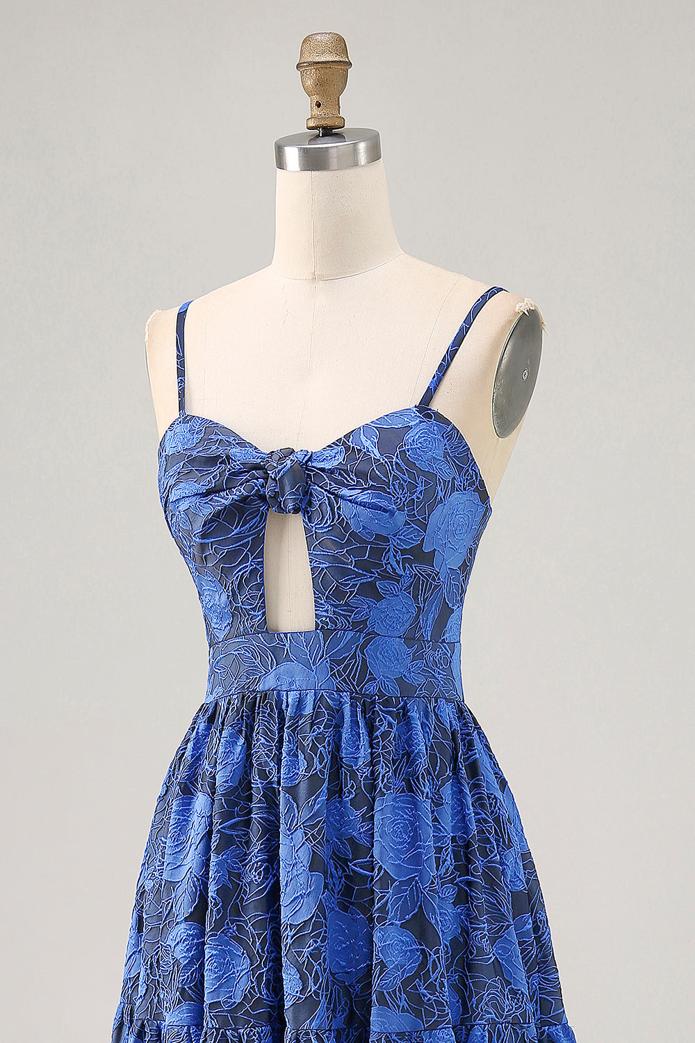Floral Blue A Line Jacquard Keyhole Long Wedding Guest Dress