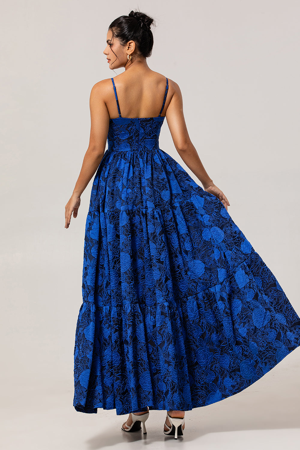 Floral Blue Jacquard Long Ruched Wedding Guest Dress with Keyhole