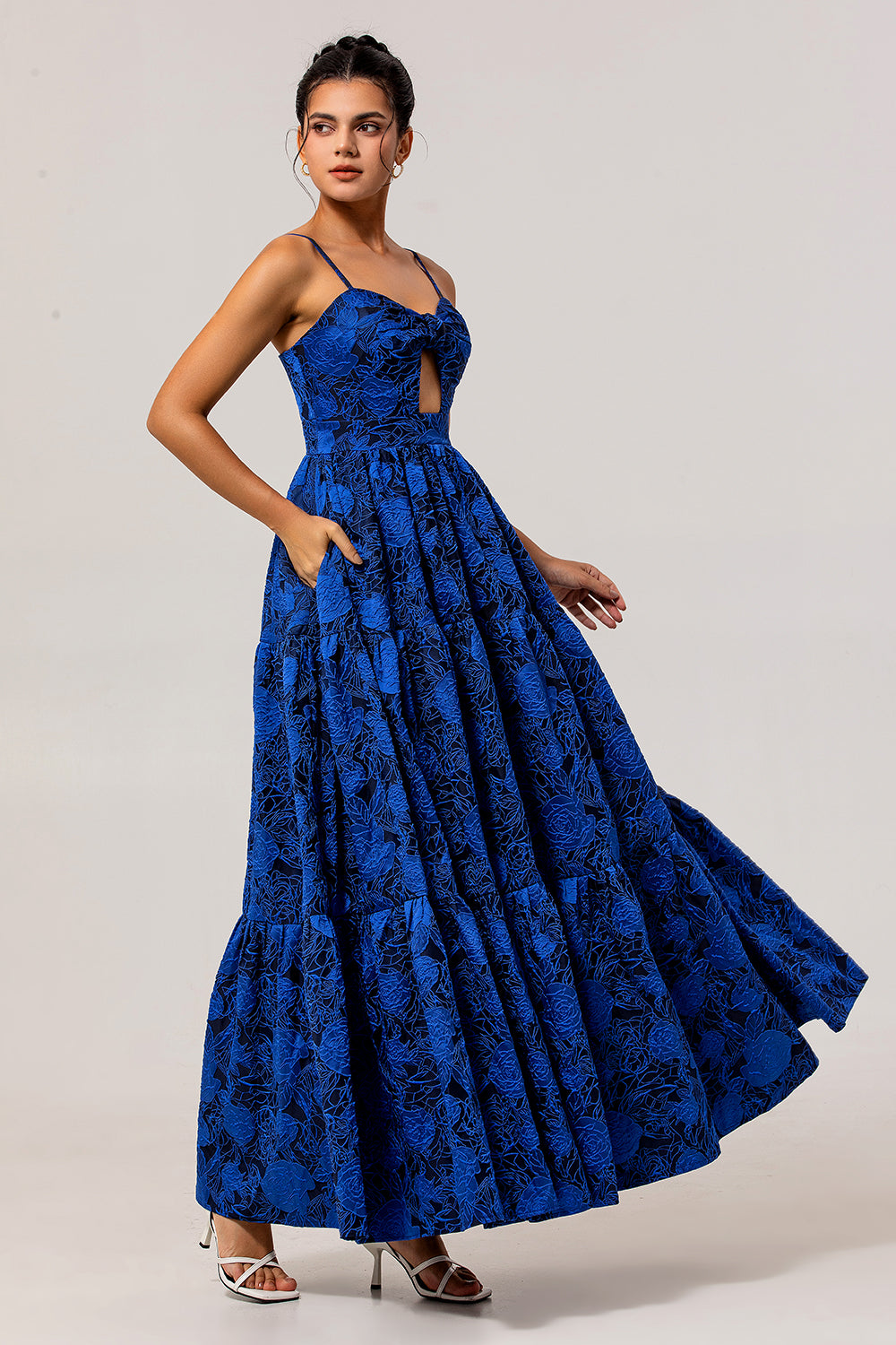 Floral Blue Jacquard Long Ruched Wedding Guest Dress with Keyhole