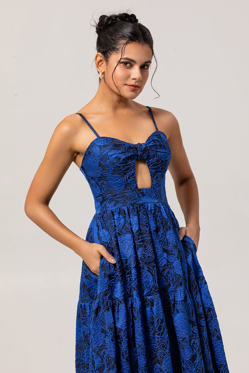 Floral Blue Jacquard Long Ruched Wedding Guest Dress with Keyhole