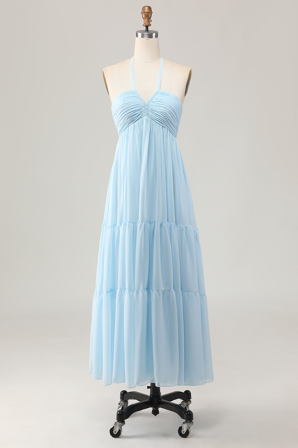Sky Blue A Line Chiffon Long Halter Wedding Guest Dress with Bow