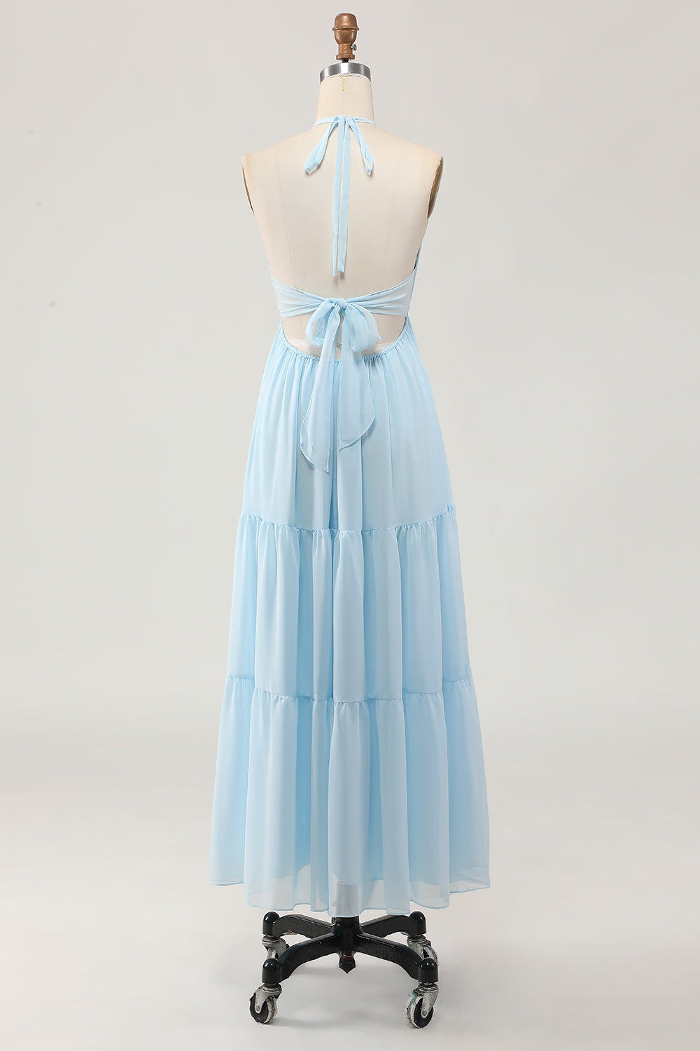 Sky Blue A Line Chiffon Long Halter Wedding Guest Dress with Bow