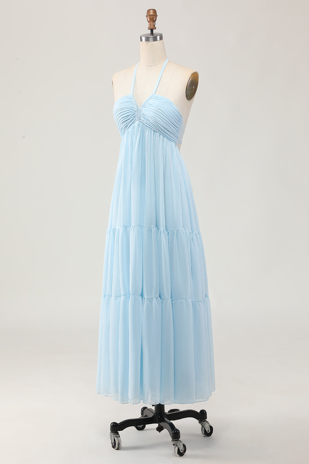 Sky Blue A Line Chiffon Long Halter Wedding Guest Dress with Bow