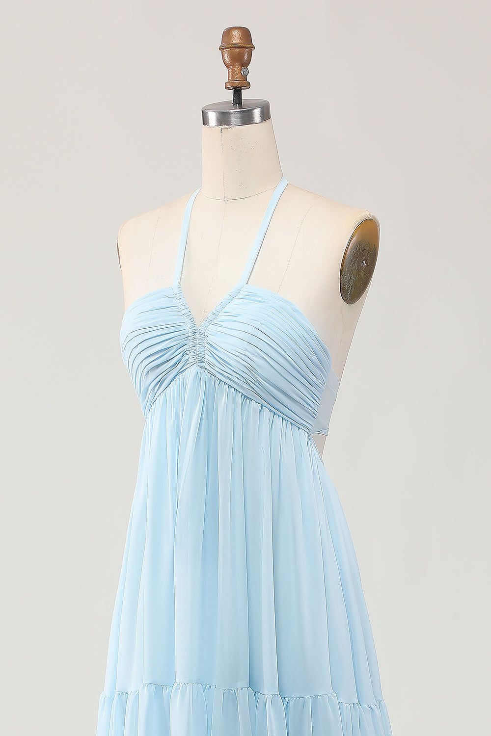Sky Blue A Line Chiffon Long Halter Wedding Guest Dress with Bow