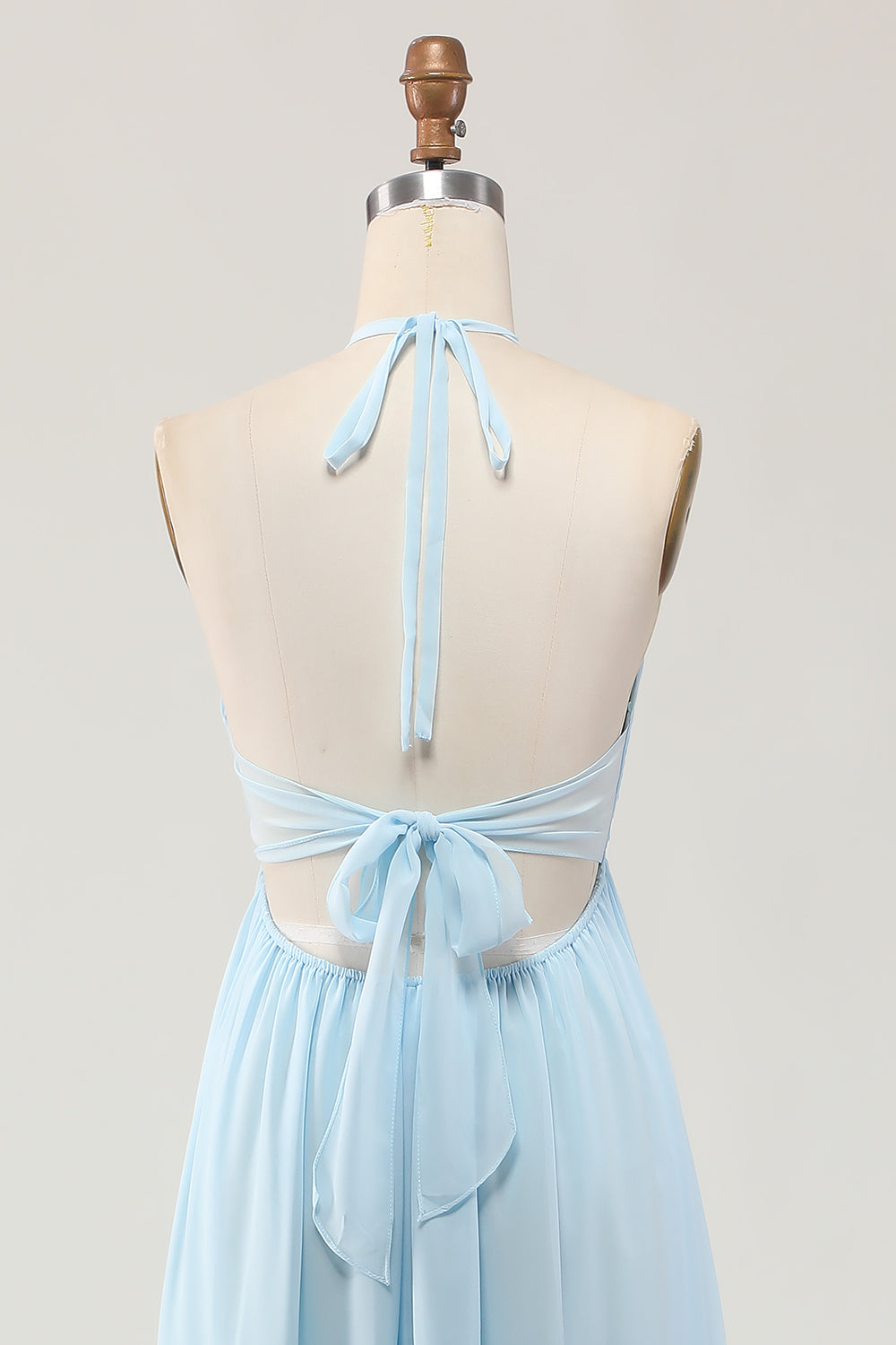 Sky Blue A Line Chiffon Long Halter Wedding Guest Dress with Bow
