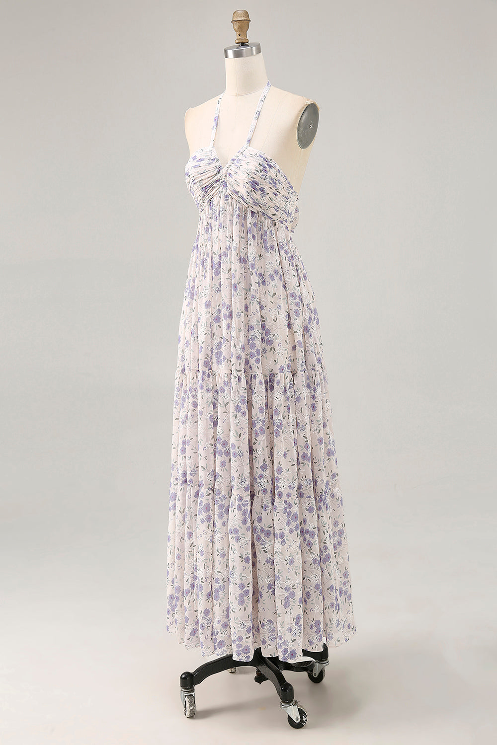Floral Blue Chiffon Halter Ruched Maxi Wedding Guest Dress with Bow