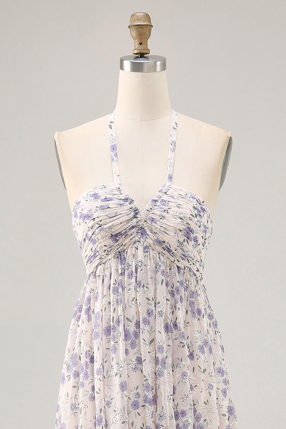 Floral Blue Chiffon Halter Ruched Maxi Wedding Guest Dress with Bow