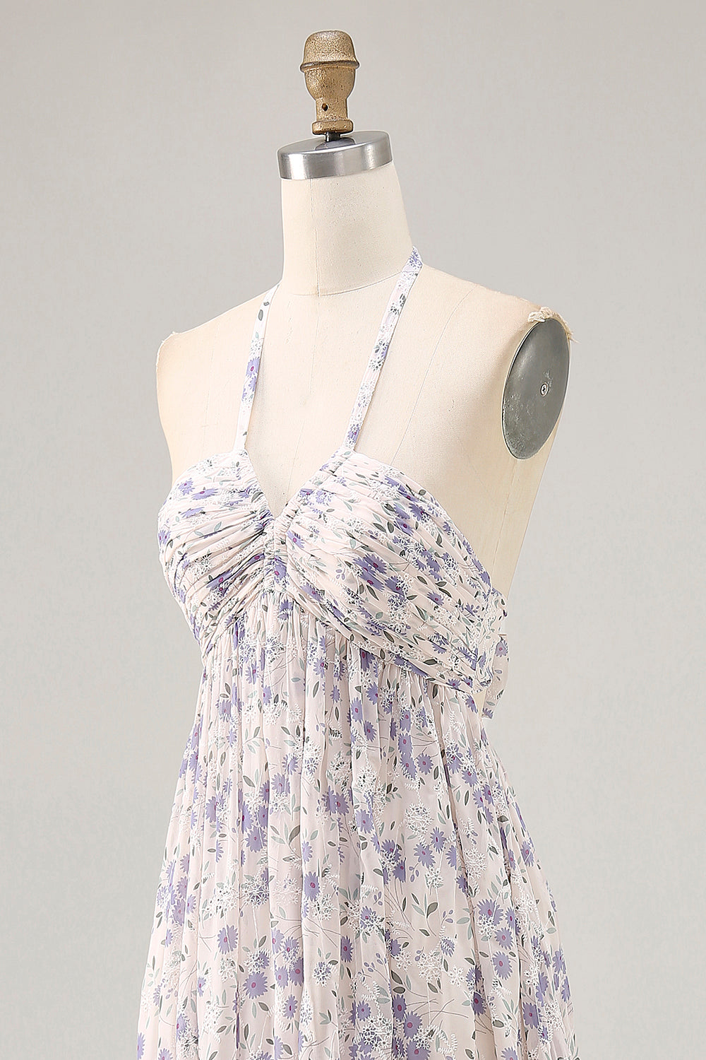 Floral Blue Chiffon Halter Ruched Maxi Wedding Guest Dress with Bow
