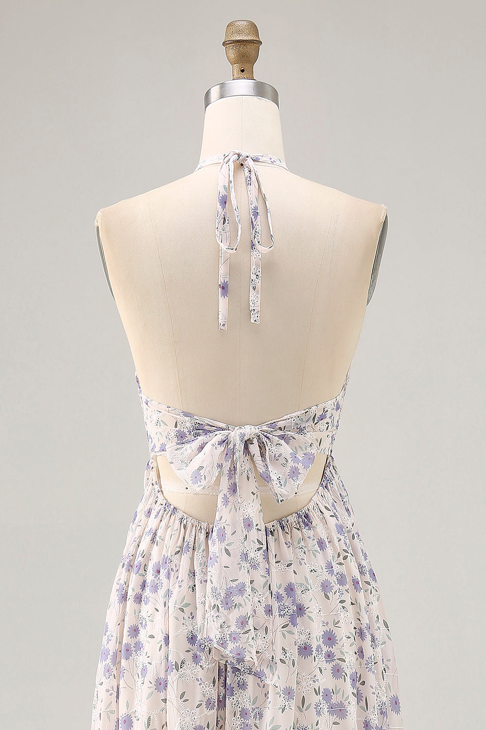 Floral Blue Chiffon Halter Ruched Maxi Wedding Guest Dress with Bow