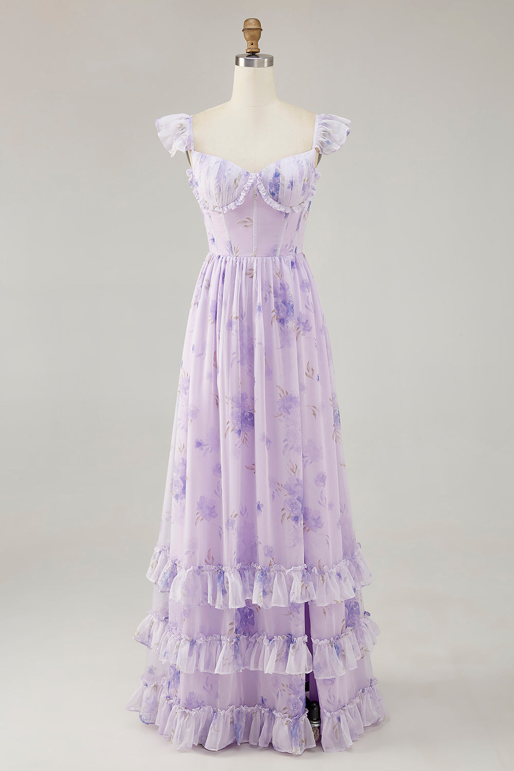 Floral Lavender Corset Long Ruffled Wedding Guest Dress with Slit