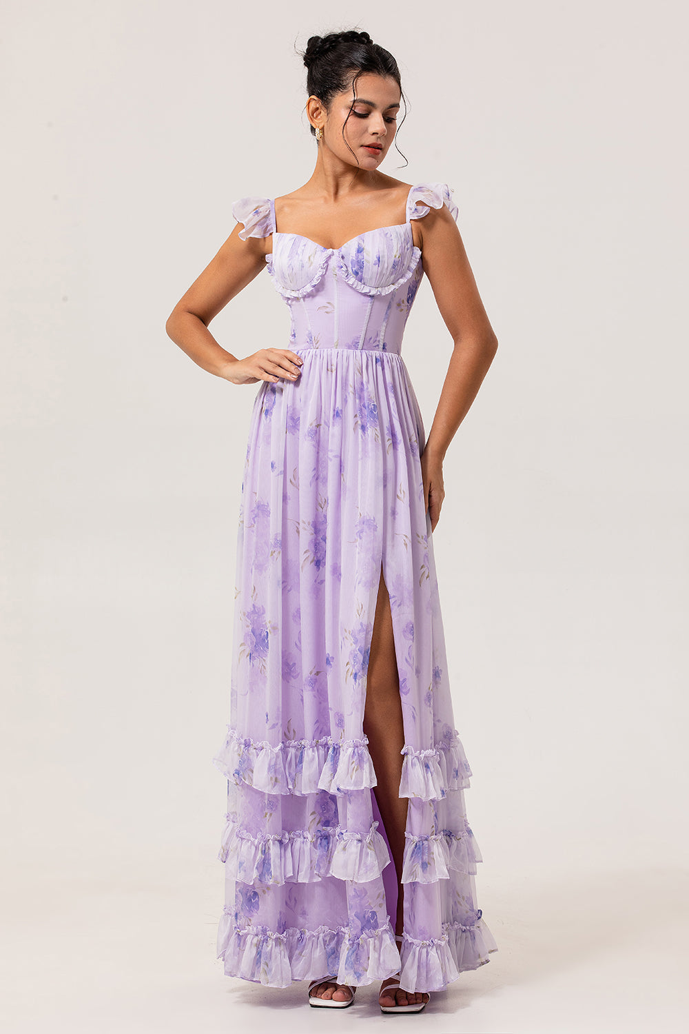 Lavender Floral Corset Long Ruffled Wedding Guest Dress with Slit