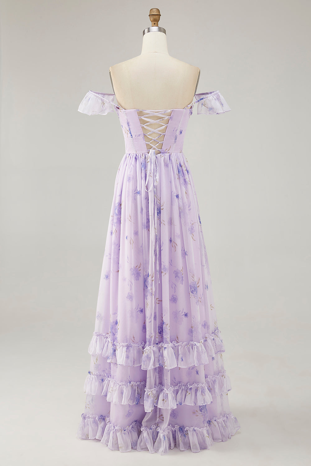 Floral Lavender Corset Long Ruffled Wedding Guest Dress with Slit