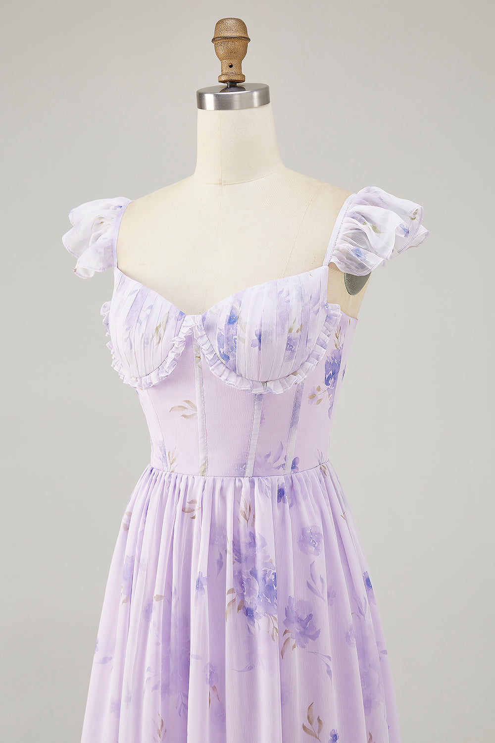 Floral Lavender Corset Long Ruffled Wedding Guest Dress with Slit