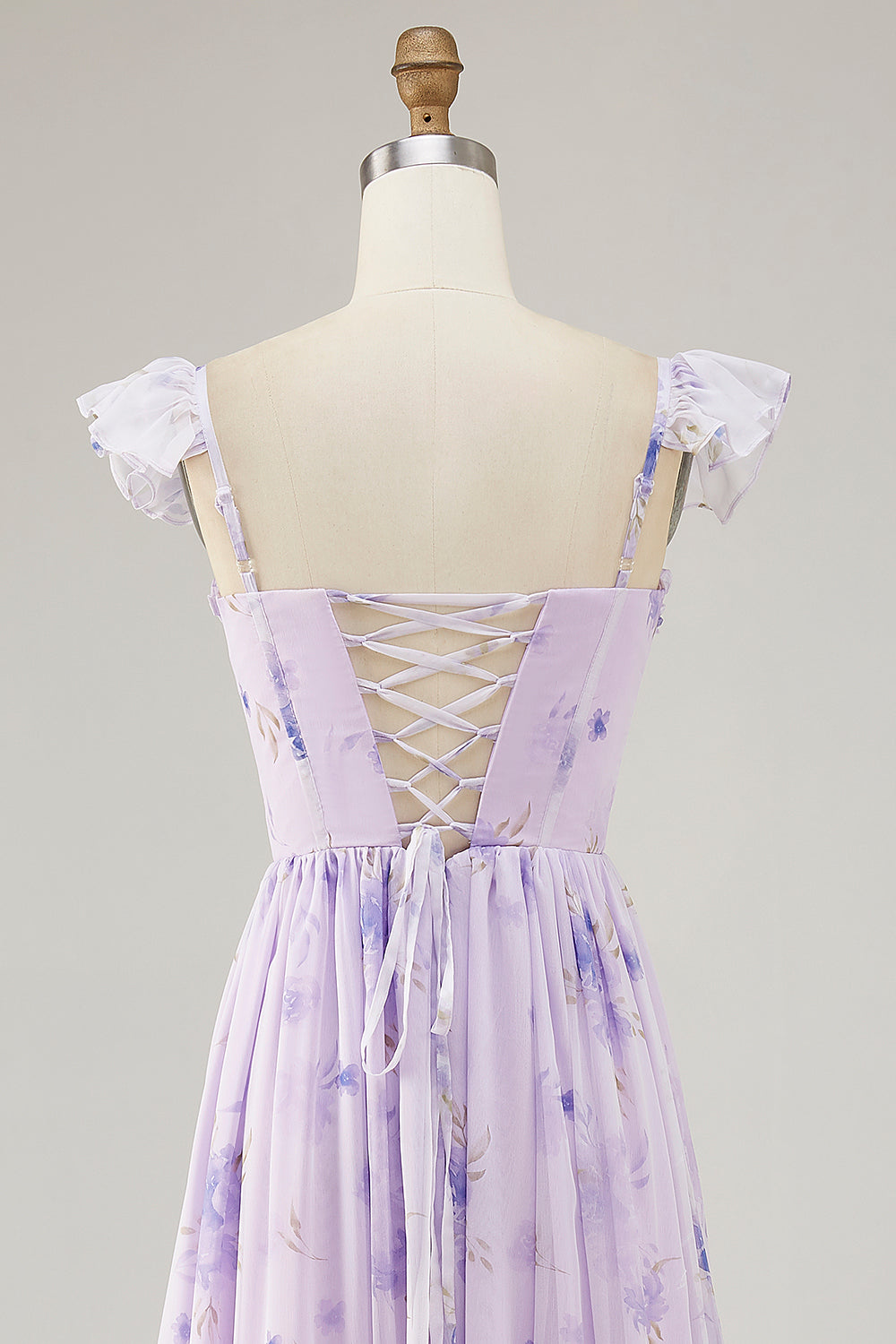 Floral Lavender Corset Long Ruffled Wedding Guest Dress with Slit