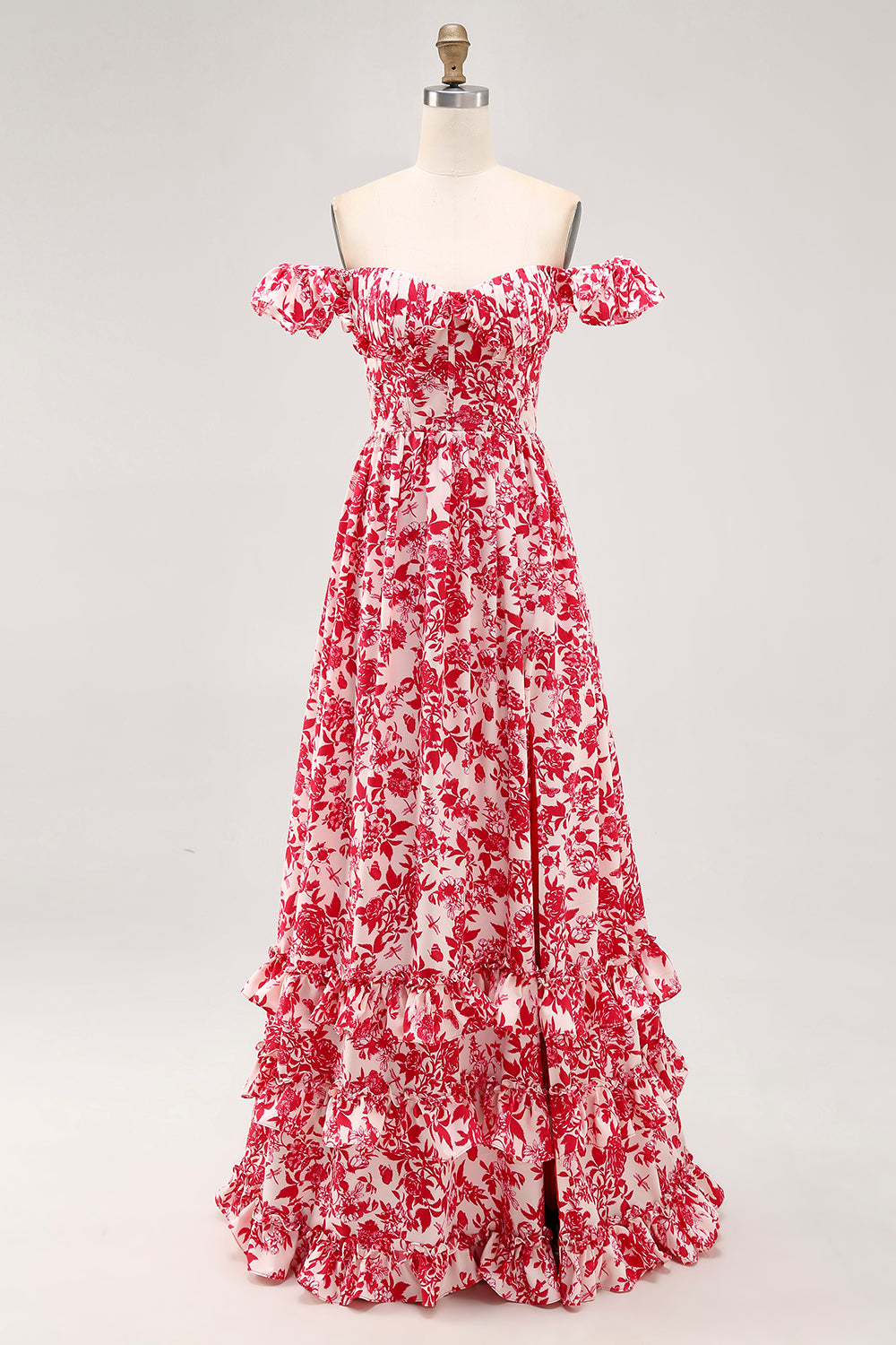 Floral Red Corset Ruffled Long Chiffon Wedding Guest Dress with Slit