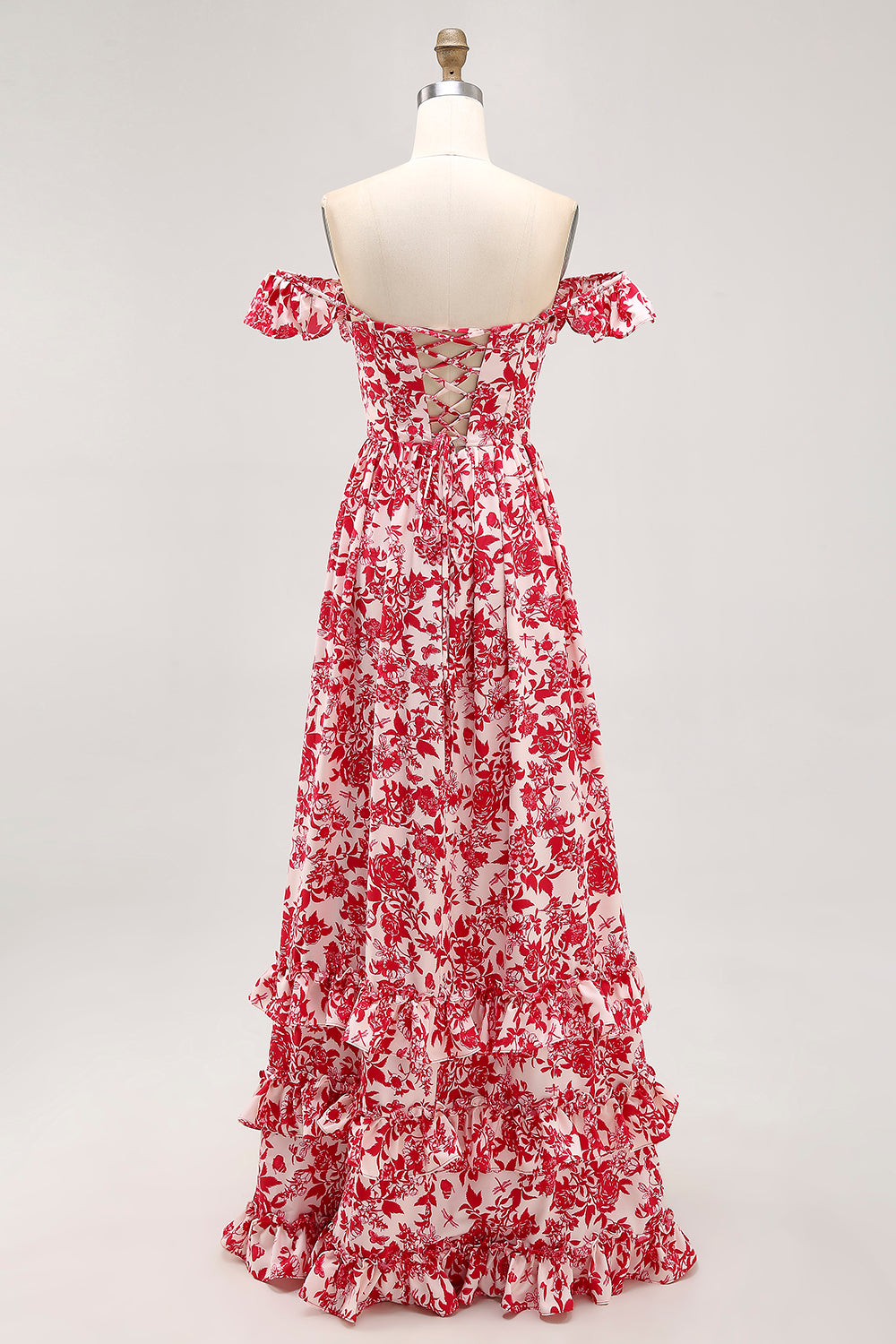 Floral Red Corset Ruffled Long Chiffon Wedding Guest Dress with Slit