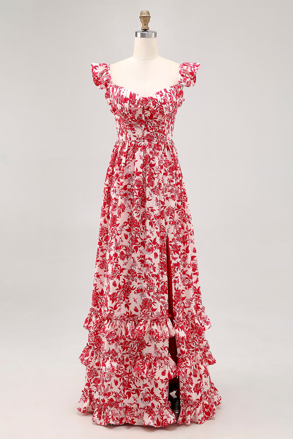 Floral Red Corset Ruffled Long Chiffon Wedding Guest Dress with Slit