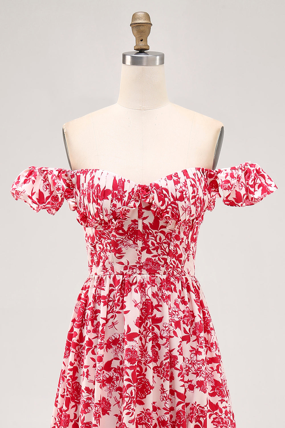 Floral Red Corset Ruffled Long Chiffon Wedding Guest Dress with Slit