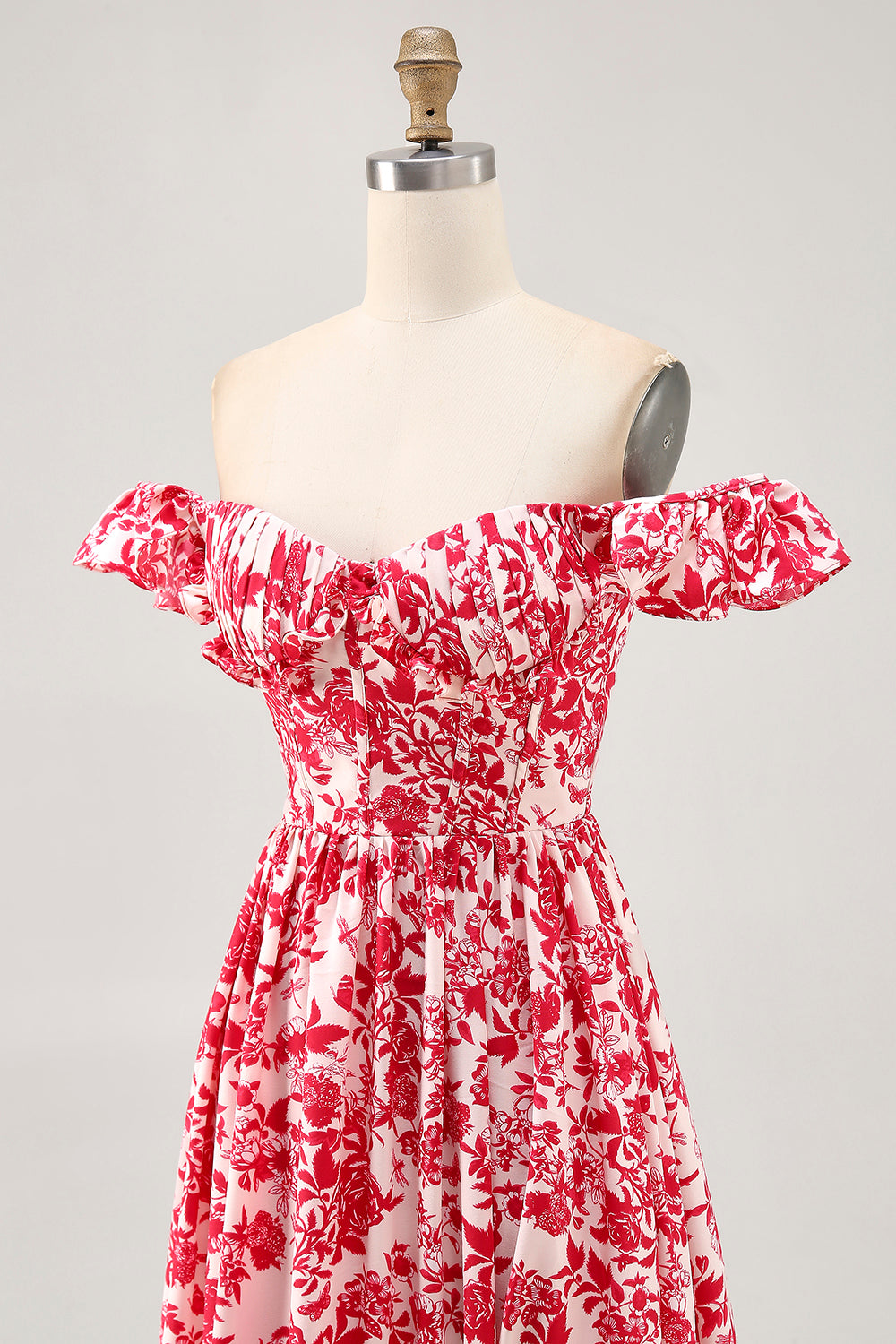 Floral Red Corset Ruffled Long Chiffon Wedding Guest Dress with Slit