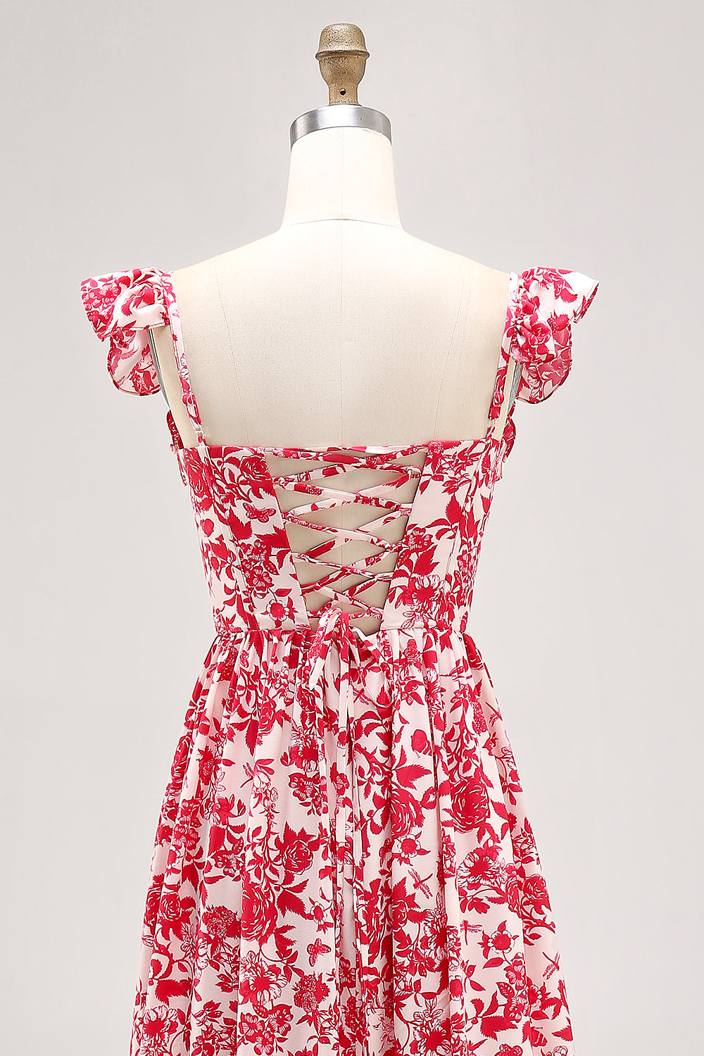 Floral Red Corset Ruffled Long Chiffon Wedding Guest Dress with Slit