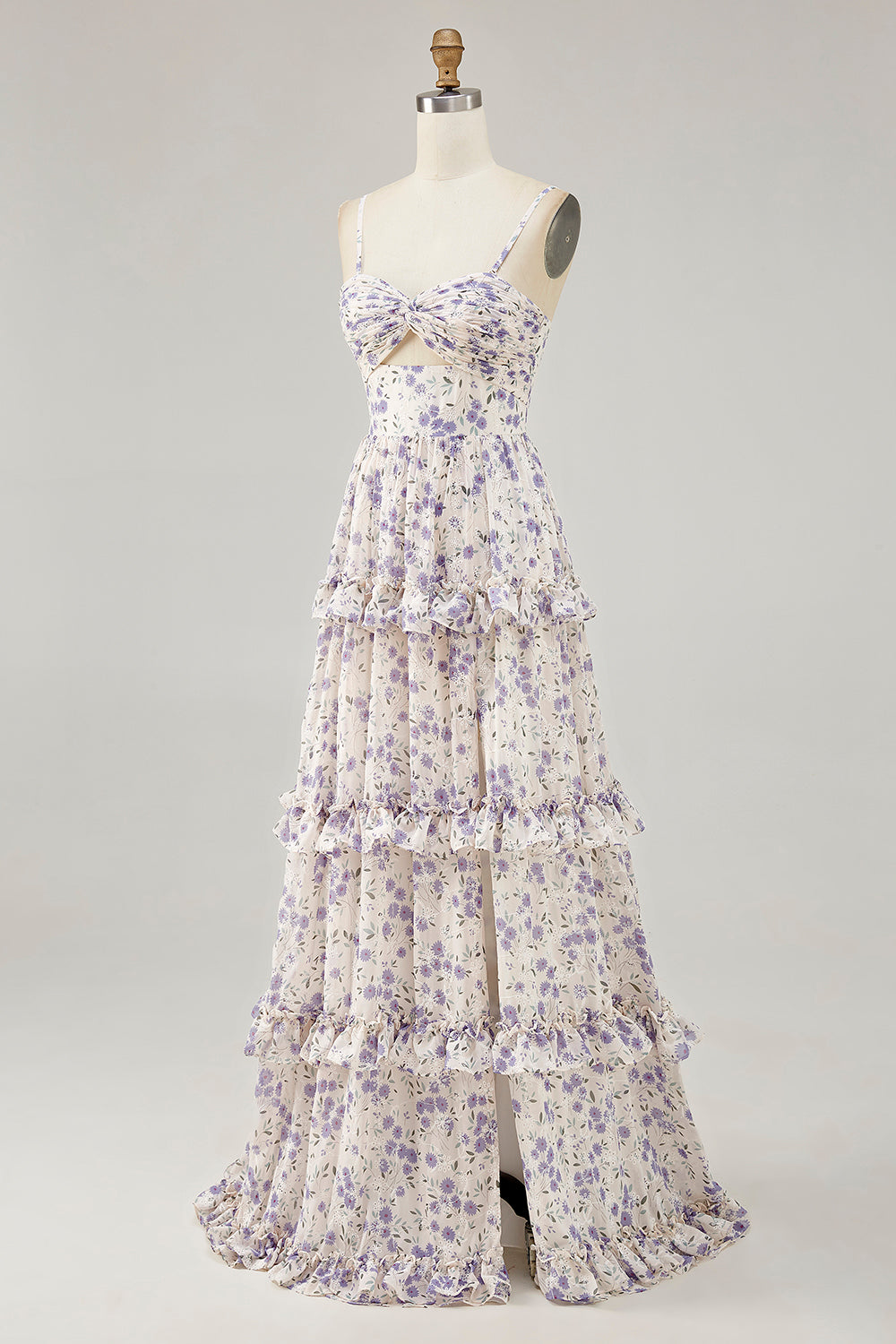 Floral Purple Ruffled Embroidered Cut Out Long Wedding Guest Dress with Slit
