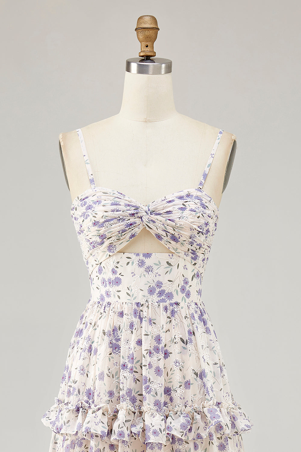 Floral Purple Ruffled Embroidered Cut Out Long Wedding Guest Dress with Slit