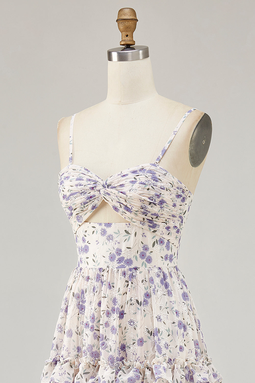 Floral Purple Ruffled Embroidered Cut Out Long Wedding Guest Dress with Slit
