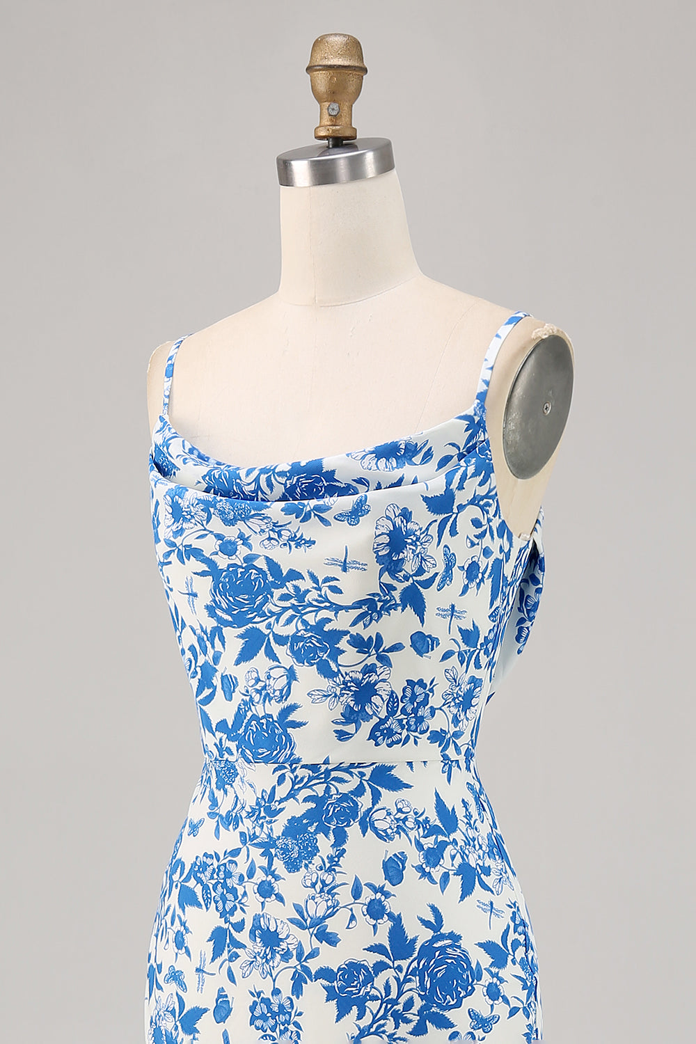 Floral Blue Sheath Spaghetti Straps Long Wedding Guest Dress