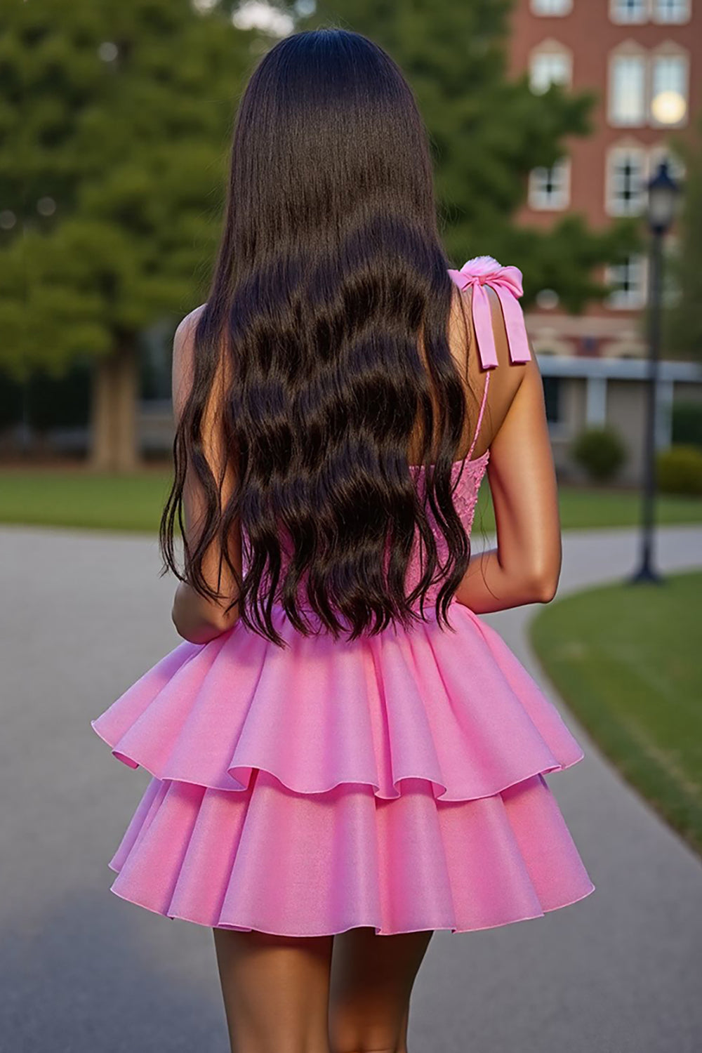 Glitter Pink Short Tiered Corset Homecoming Dress with Lace