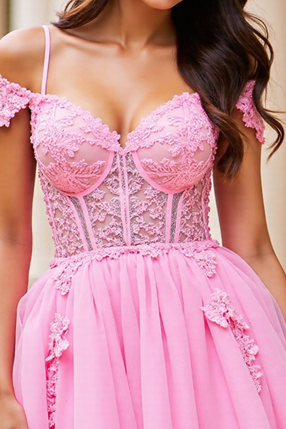 Pink A Line Short Tulle Corset Homecoming Dress with Lace
