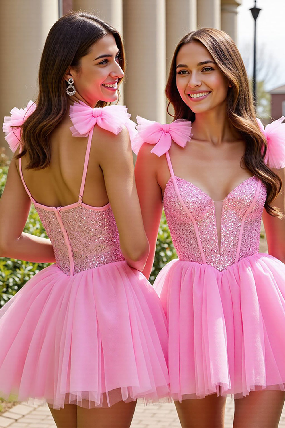 Sparkly Pink A Line Tulle Short Homecoming Dress with Sequins