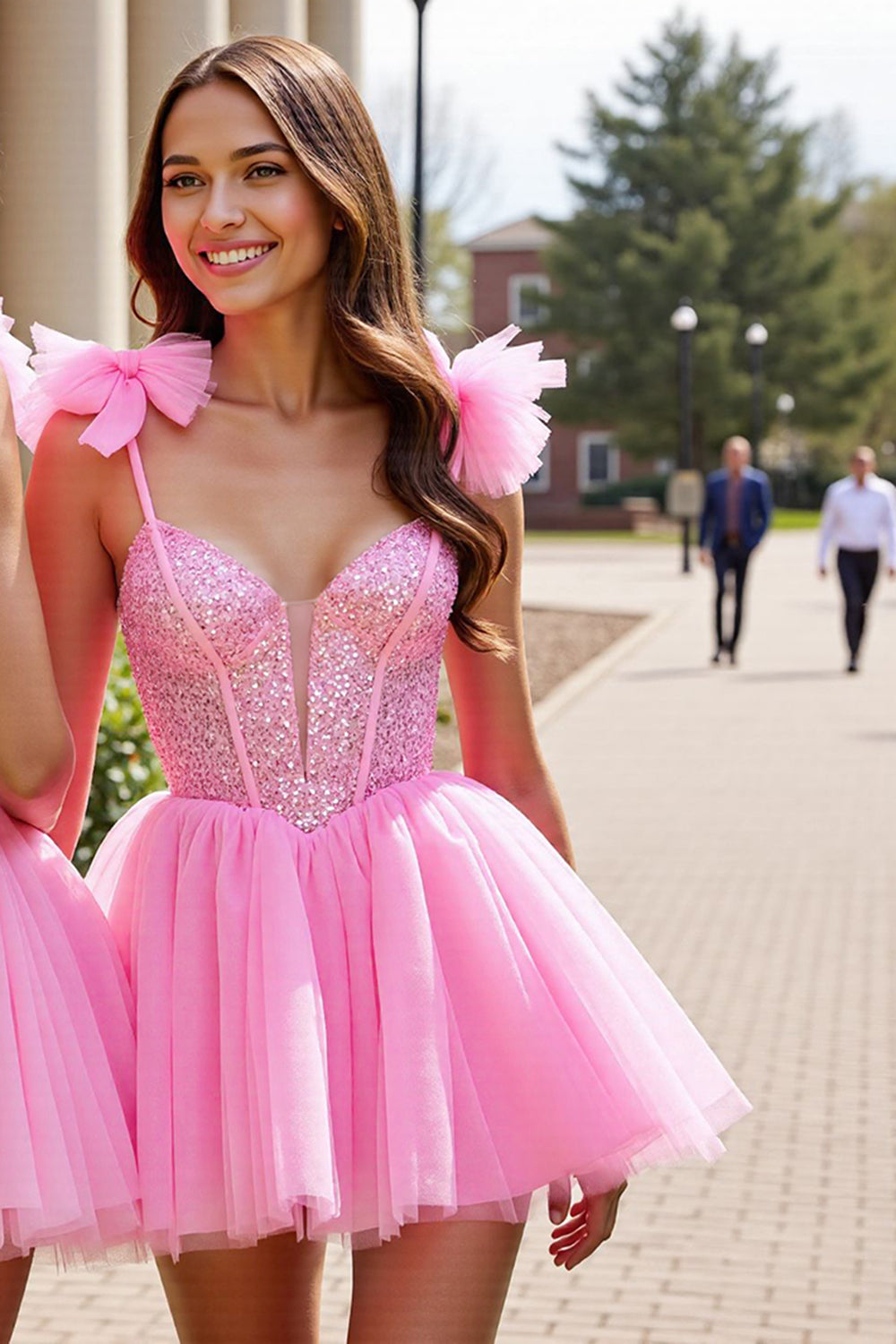 Sparkly Pink A Line Tulle Short Homecoming Dress with Sequins