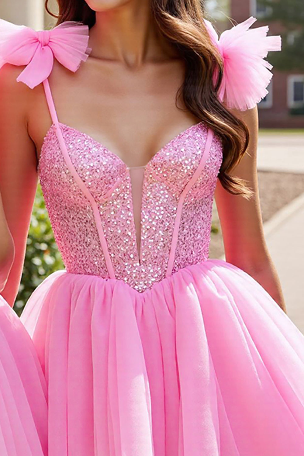 Sparkly Pink A Line Tulle Short Homecoming Dress with Sequins