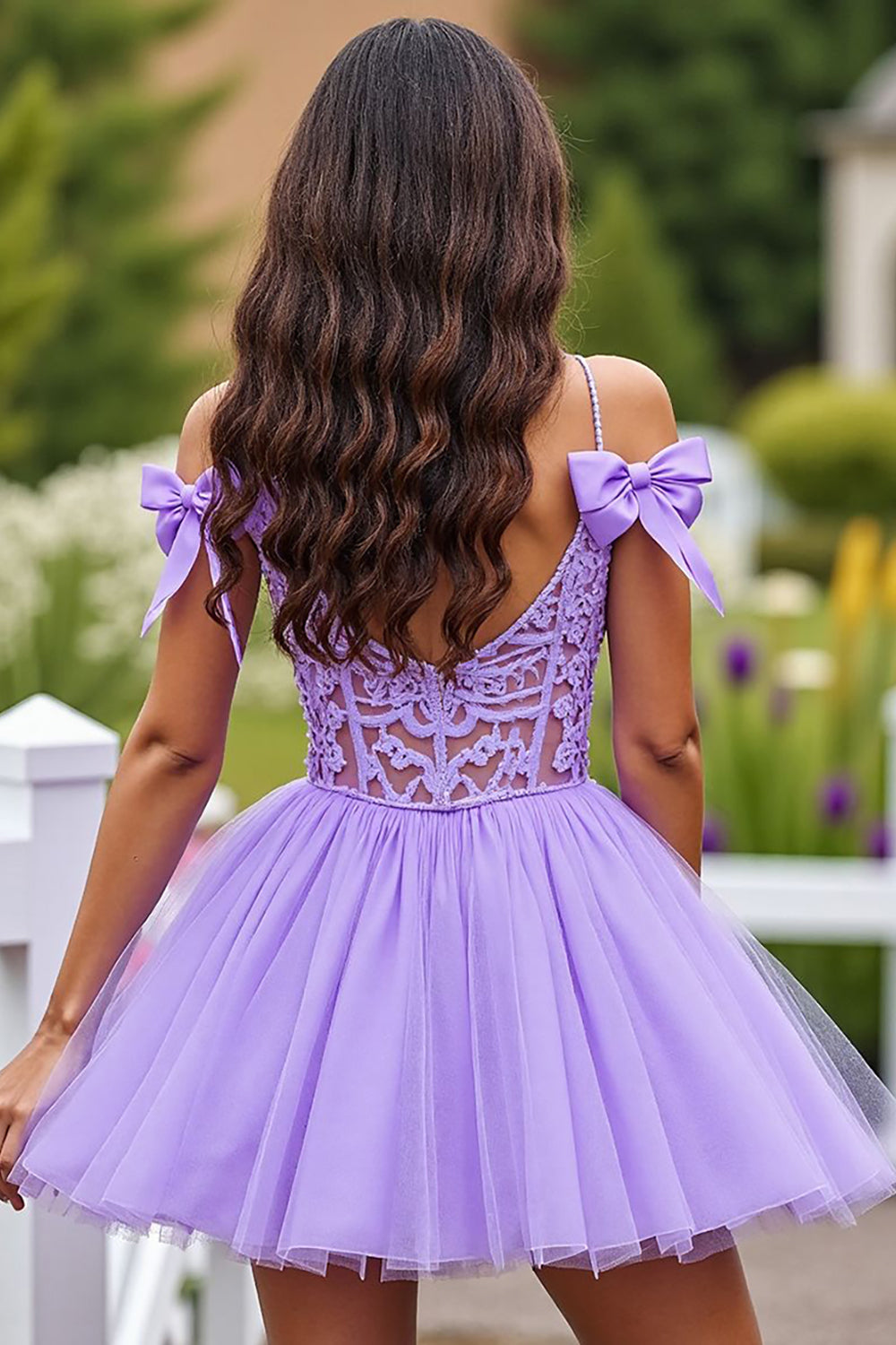 Lavender A Line Tulle Short Corset Homecoming Dress with Lace