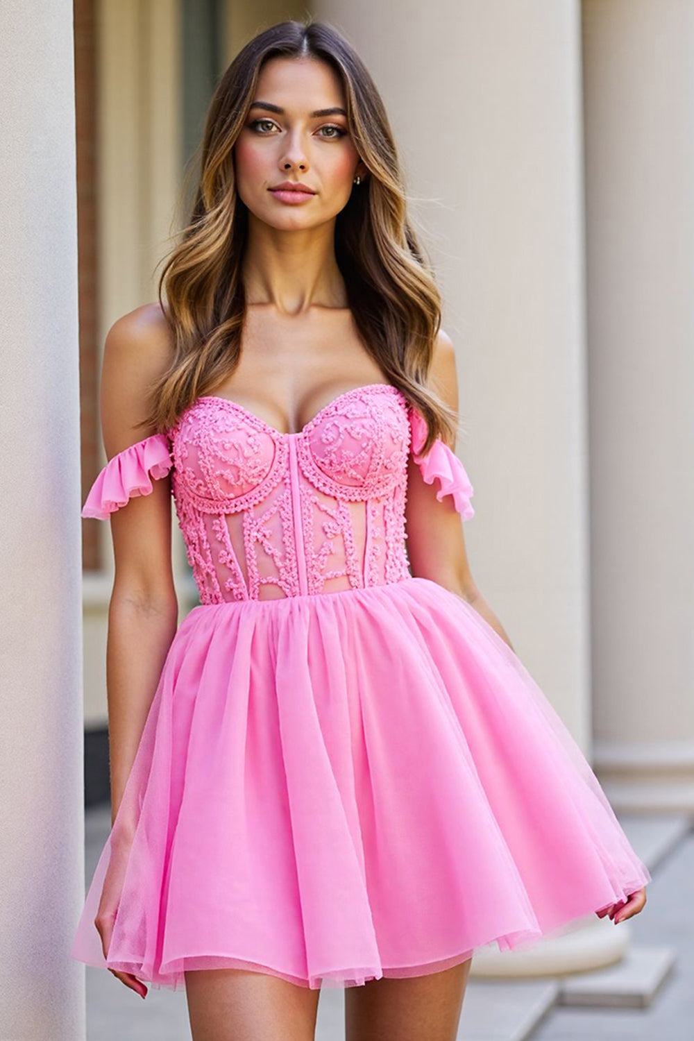 Pink Ruffled Tulle Short Corset Homecoming Dress with Lace