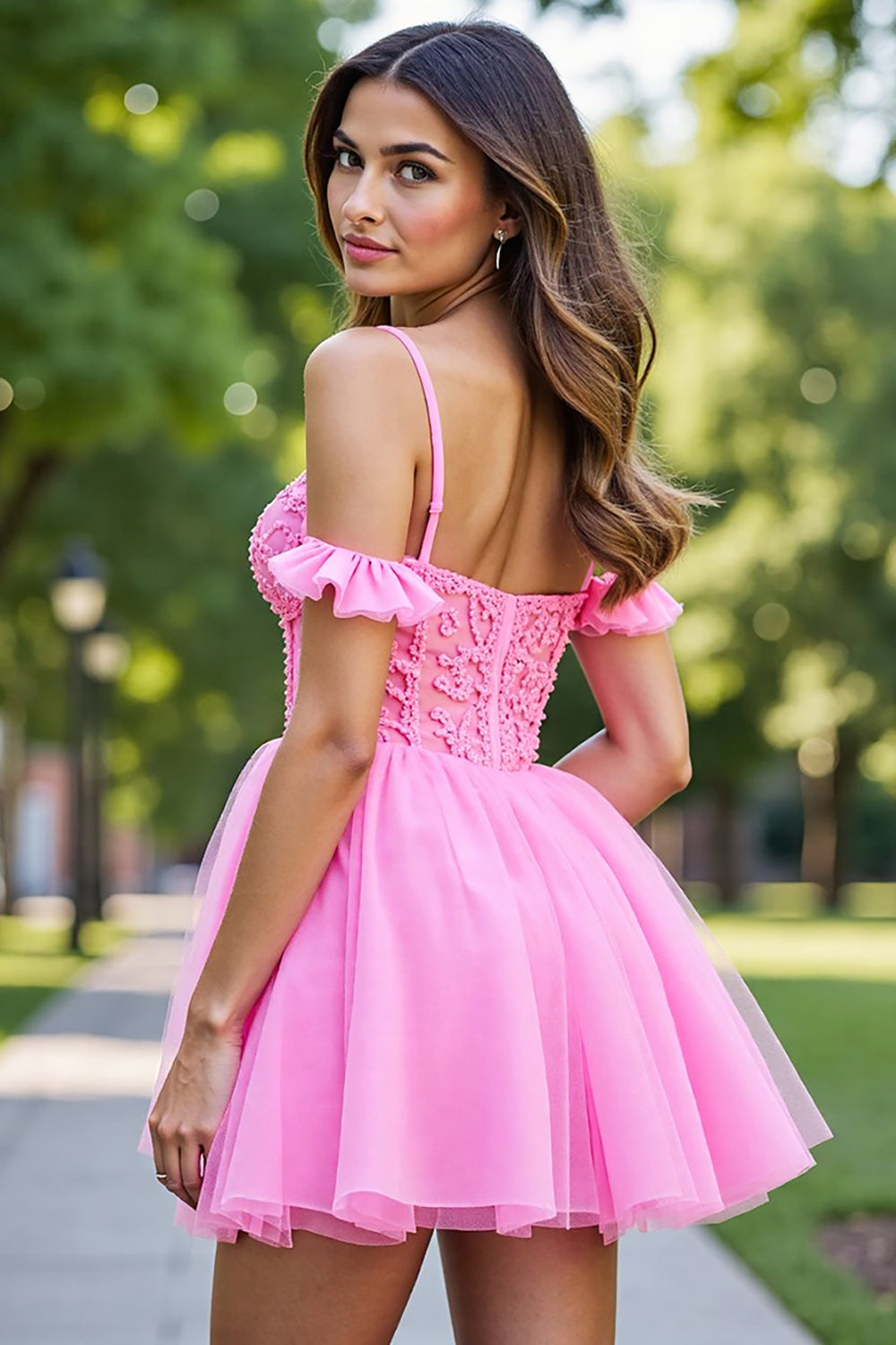 Pink Ruffled Tulle Short Corset Homecoming Dress with Lace