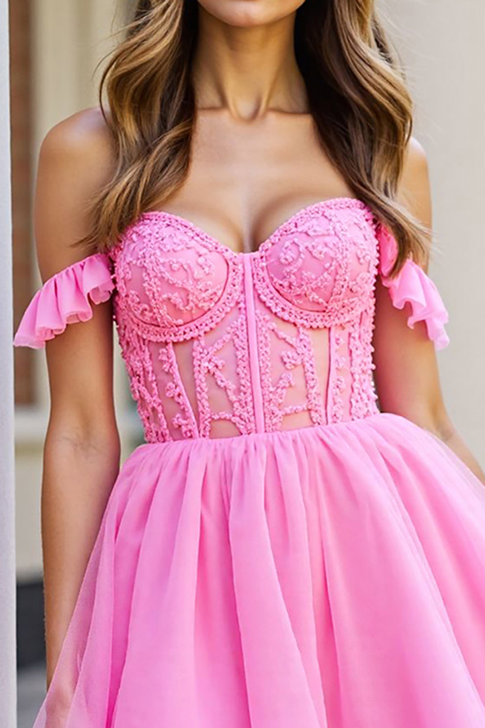 Pink Ruffled Tulle Short Corset Homecoming Dress with Lace