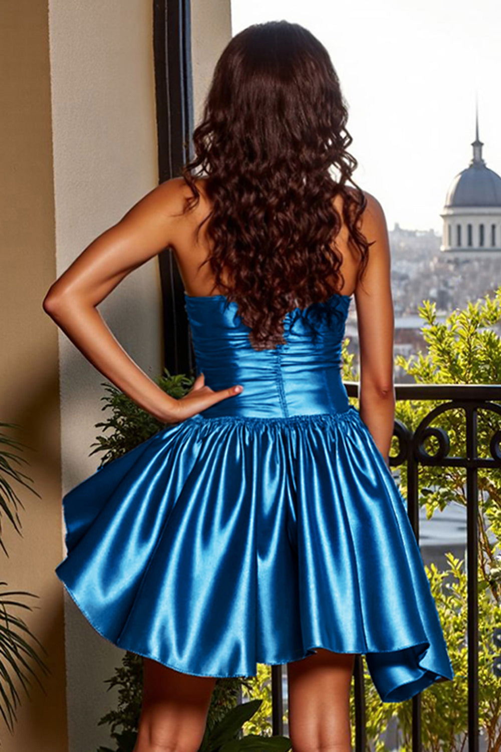 Blue A Line Metallic Strapless Short Homecoming Dress