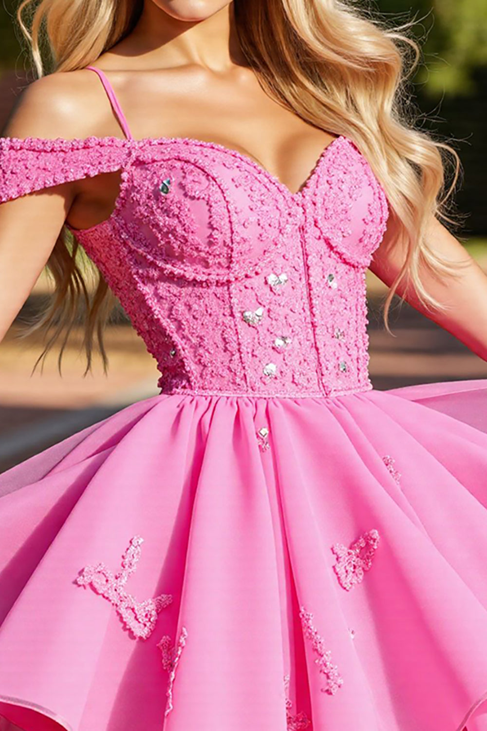 Pink Cold Shoulder Short Corset Homecoming Dress with Lace