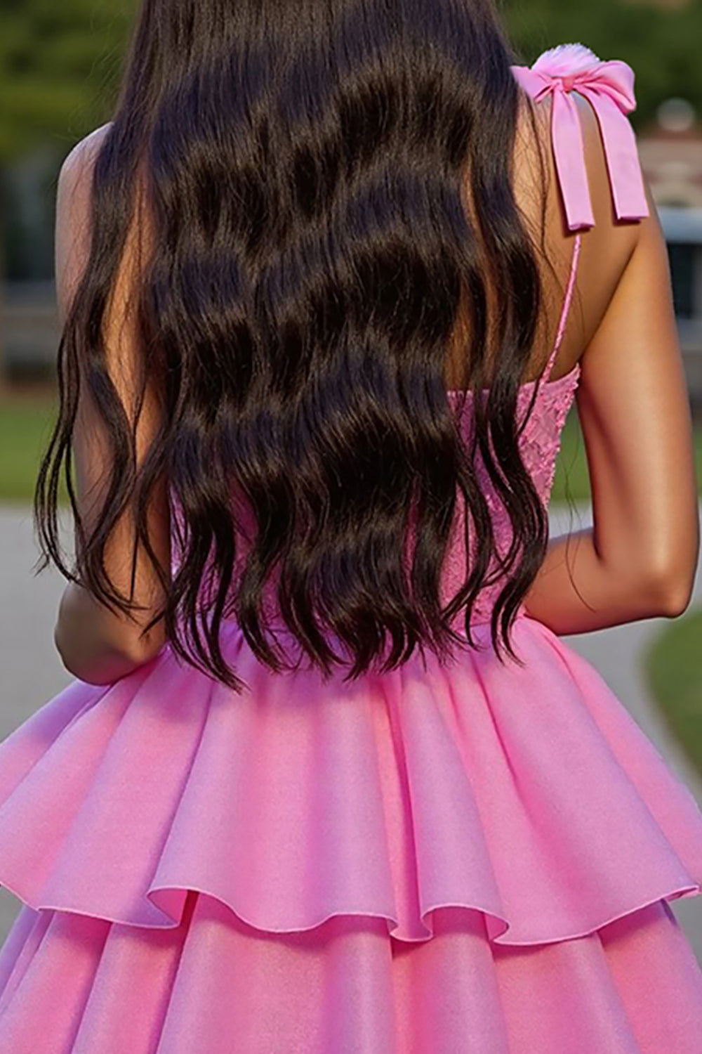 Glitter Pink Short Tiered Corset Homecoming Dress with Lace