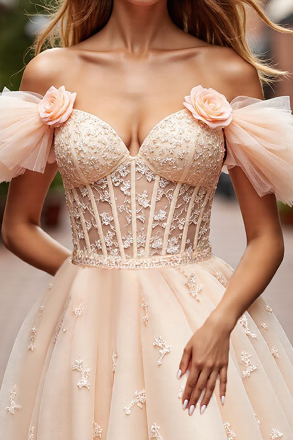 Champagne Corset Floral Ruffled Short Homecoming Dress with Lace