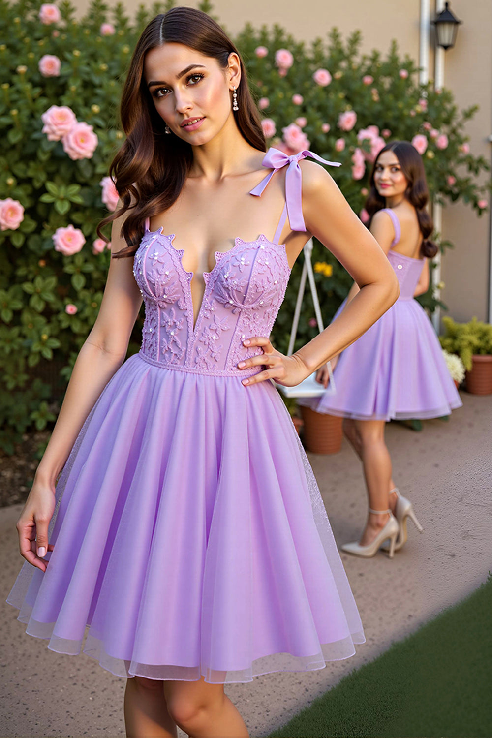 Lavender Corset Tulle Short Floral Homecoming Dress with Lace