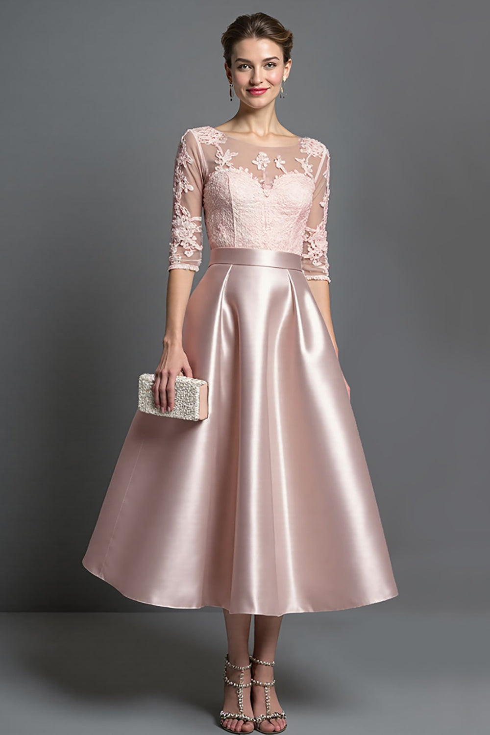 Apricot A Line Long Satin Wedding Guest Dress with Lace