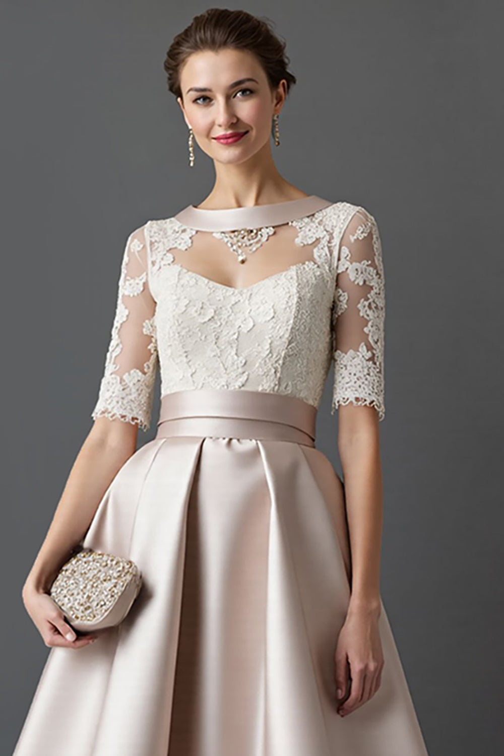 Apricot Satin A Line Midi Wedding Guest Dress with Lace