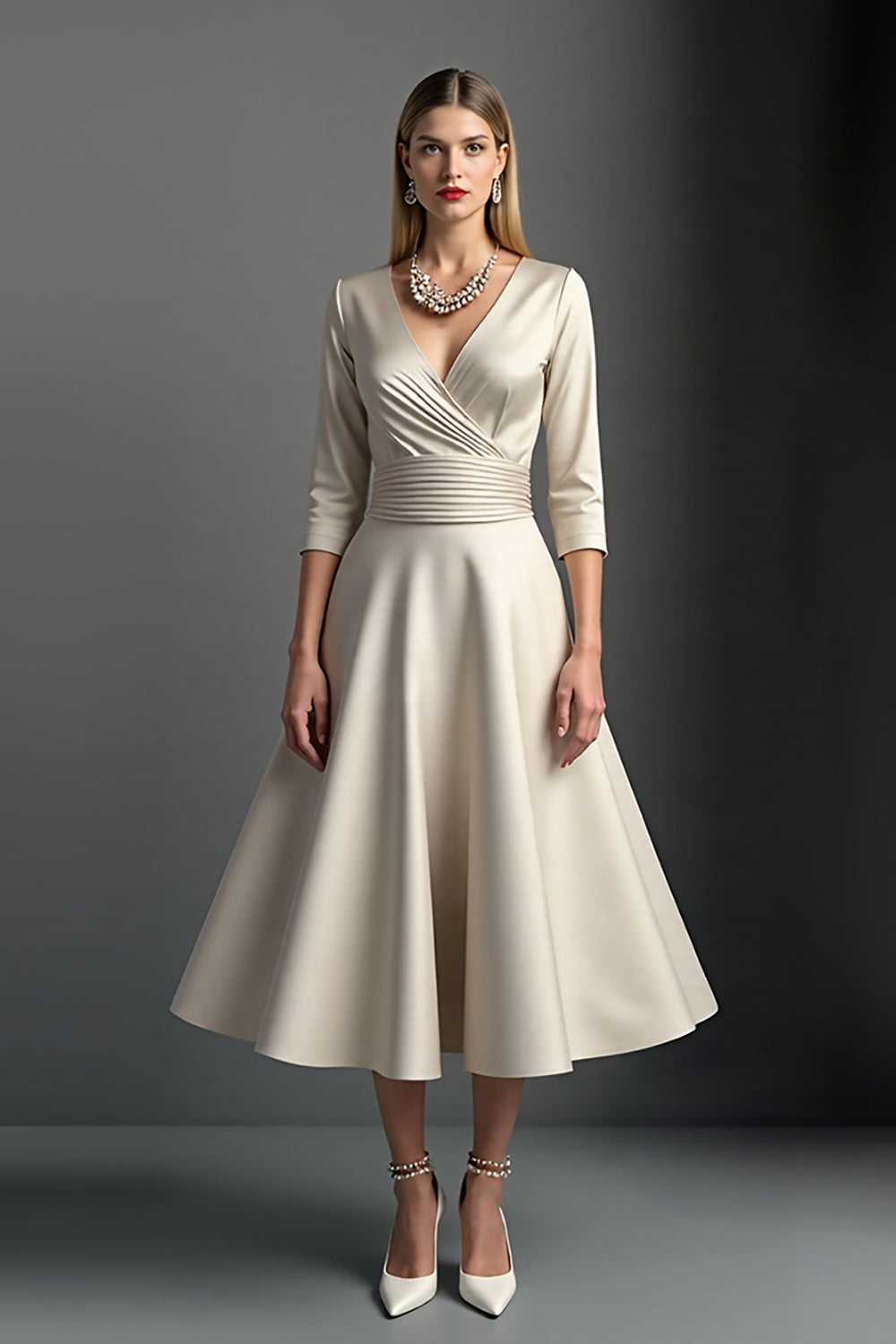 Apricot A Line V-Neck Satin Midi Wedding Guest Dress