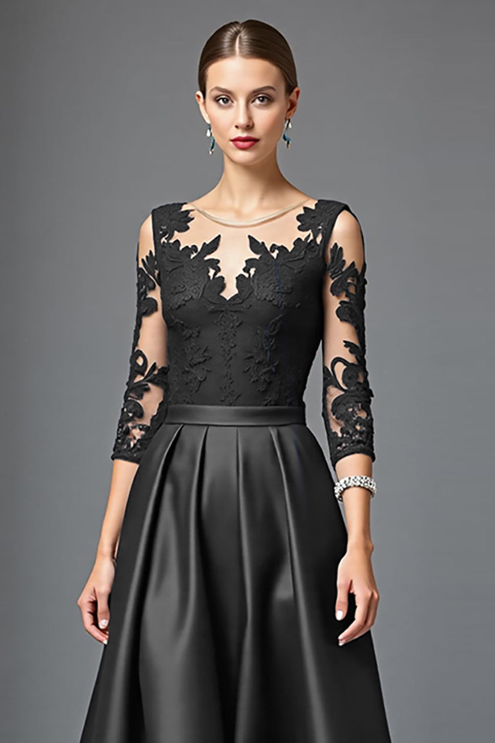 Black A Line Satin Long Wedding Guest Dress with Lace