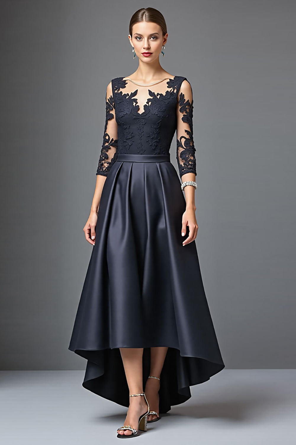 Black A Line Satin Long Wedding Guest Dress with Lace